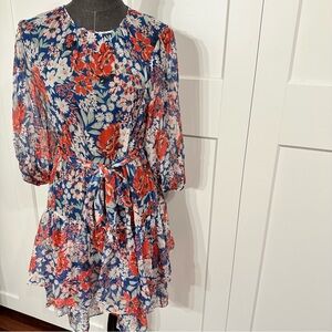 Christy Lynn Amelie Dress in Multi Floral Blue and Red. Silk Sheer Ruffles